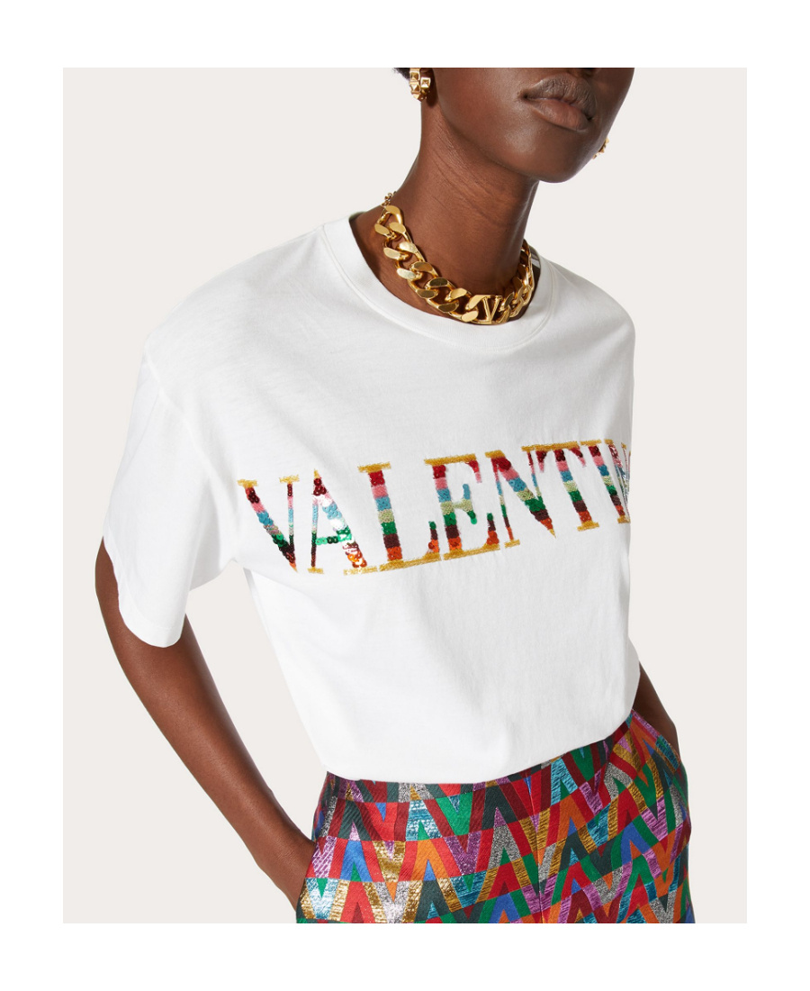Valentino Sequin-embellished Embroidered Cotton-jersey T-shirt In White