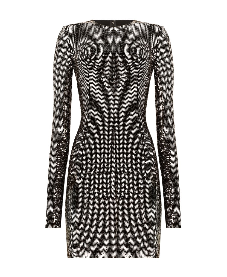 Dolce & Gabbana Silver-tone Sequin Metallic Long-sleeve Mini Dress In Black