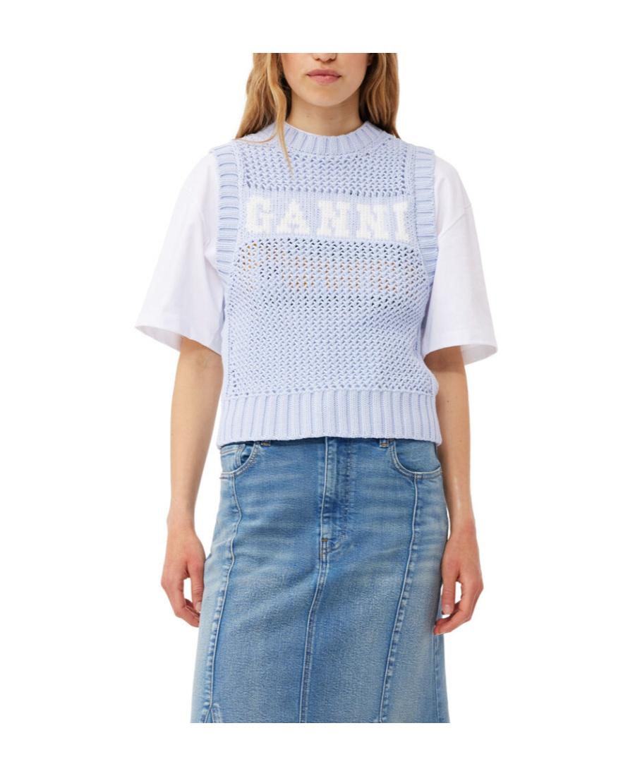 Ganni Intarsia-knit Logo-organic-cotton Vest In Blue
