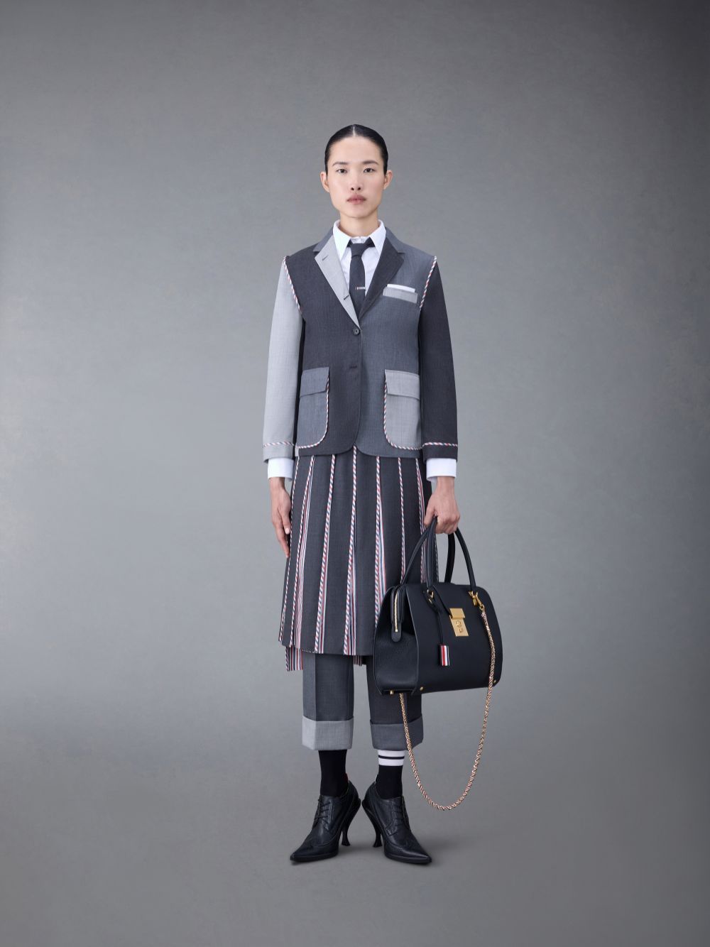 Thom Browne Rwb-print Pleated Midi Skirt In Black