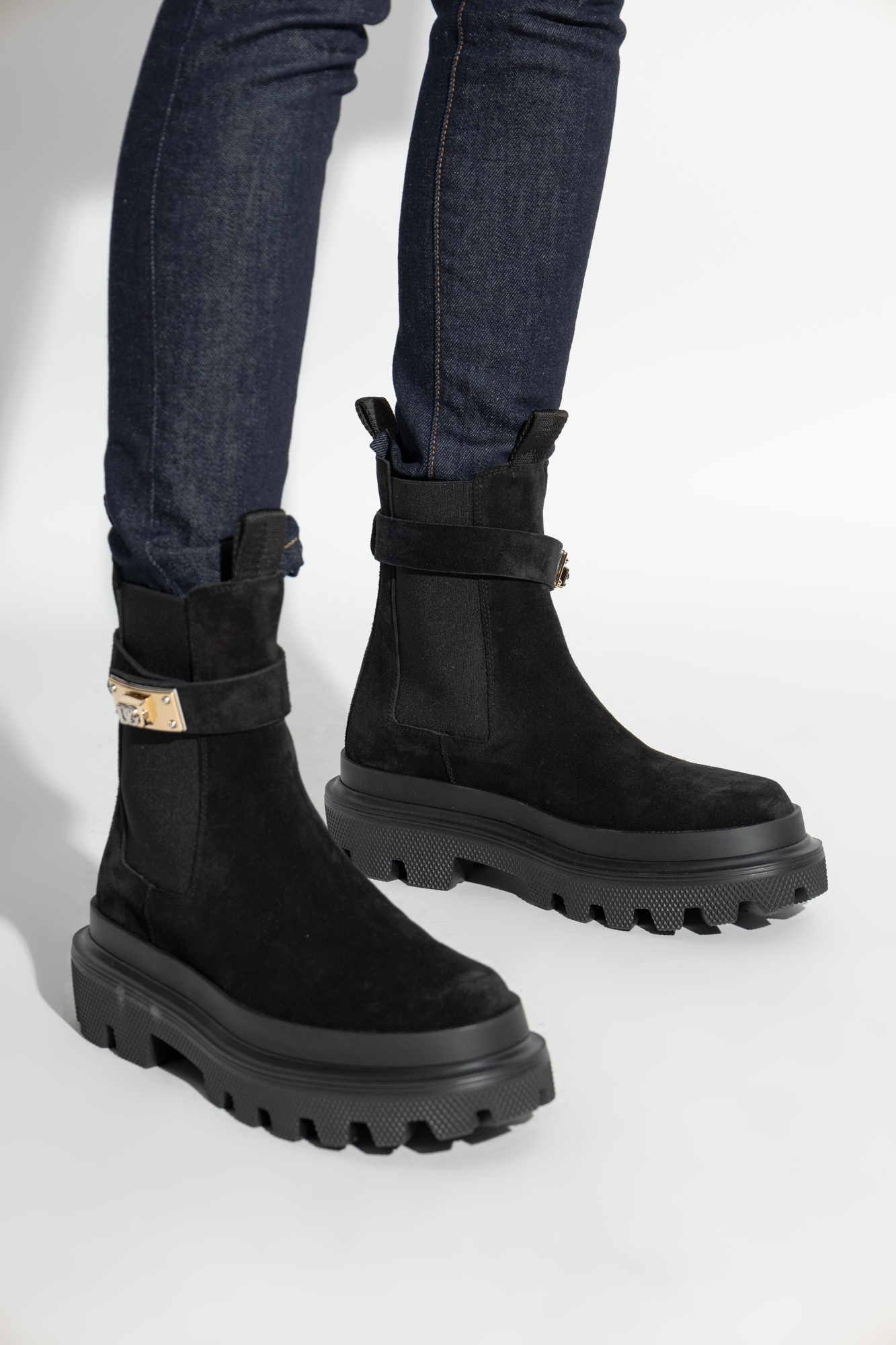 Dolce & Gabbana Calfskin Ankle Boots With Branded Strap In Black