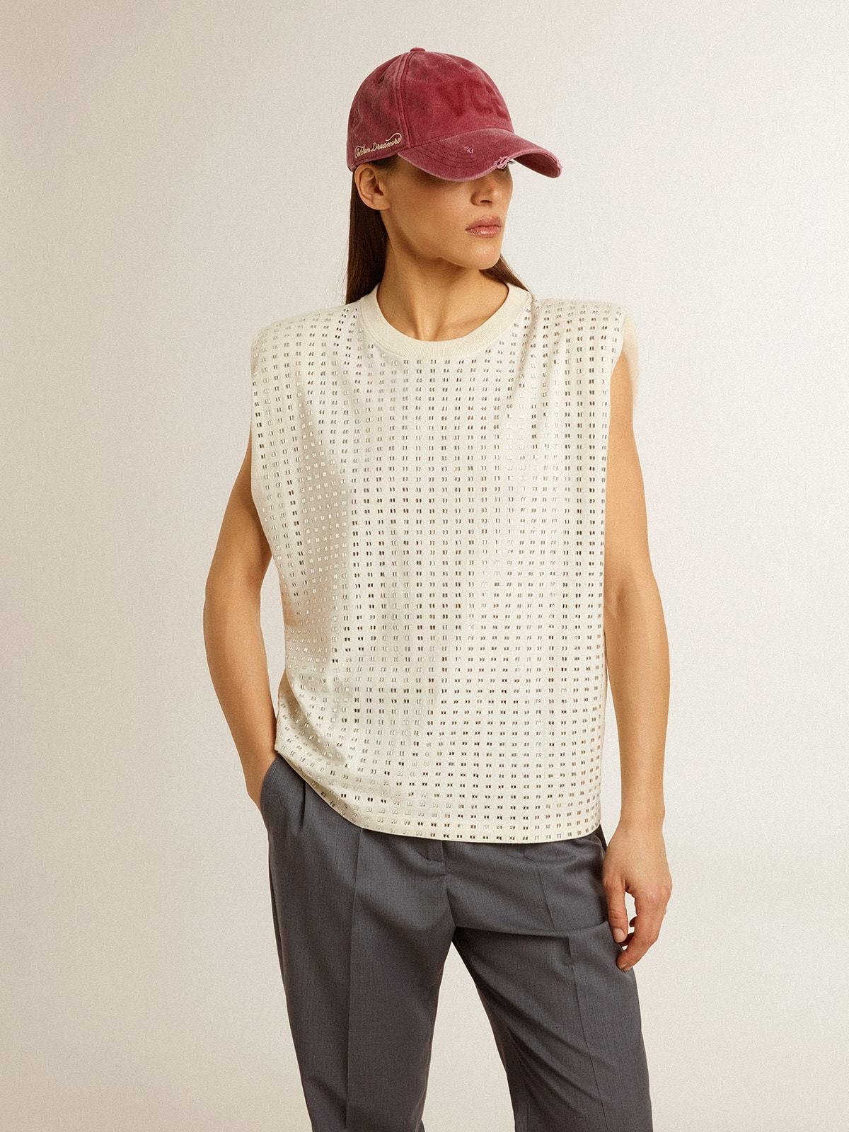 Golden Goose Aged White Sleeveless T-shirt Embellished With Crystals In White