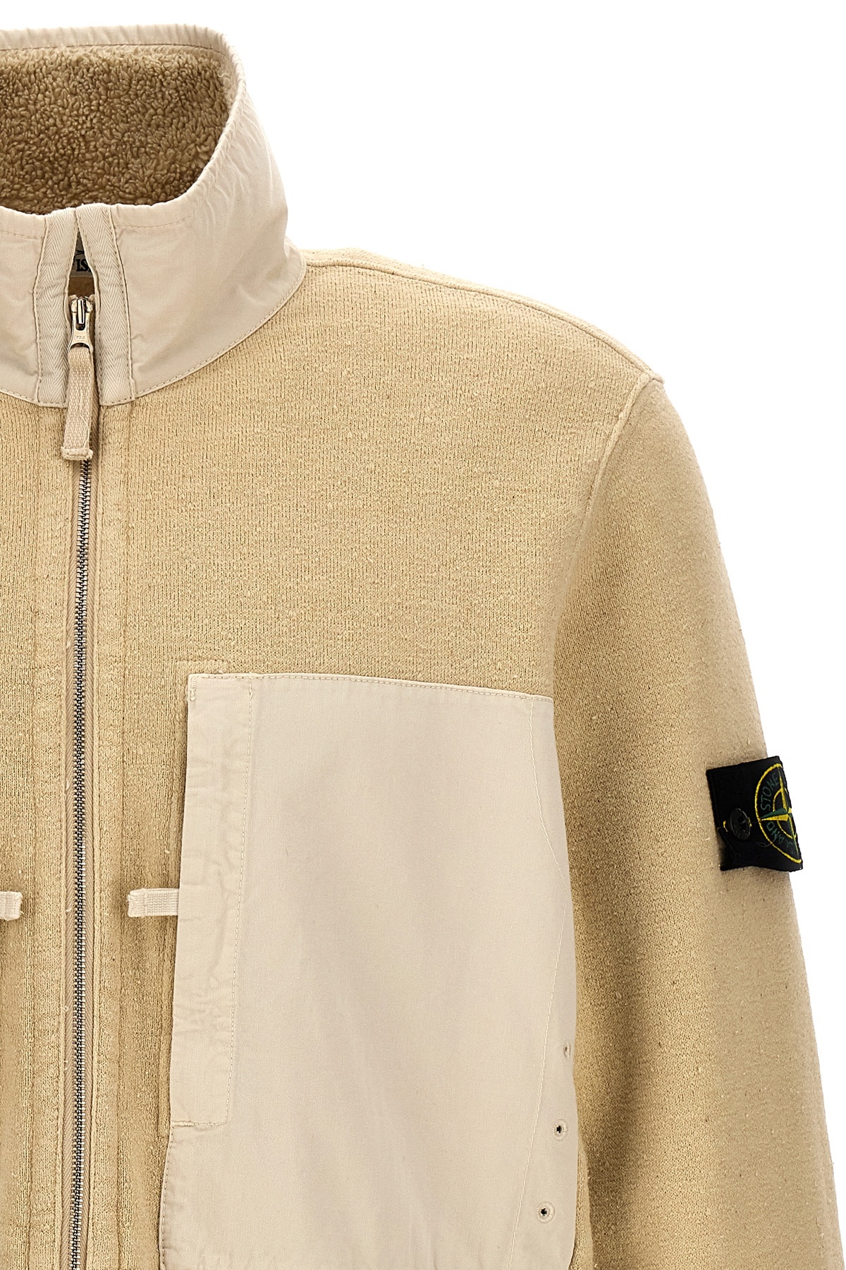 Stone Island Fleece-lined Panelled Zip-up Jacket In White