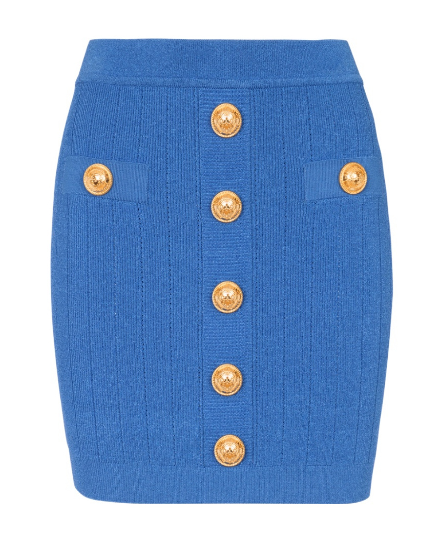 Balmain Knitted Mini Skirt With Decorative Buttons In Blue
