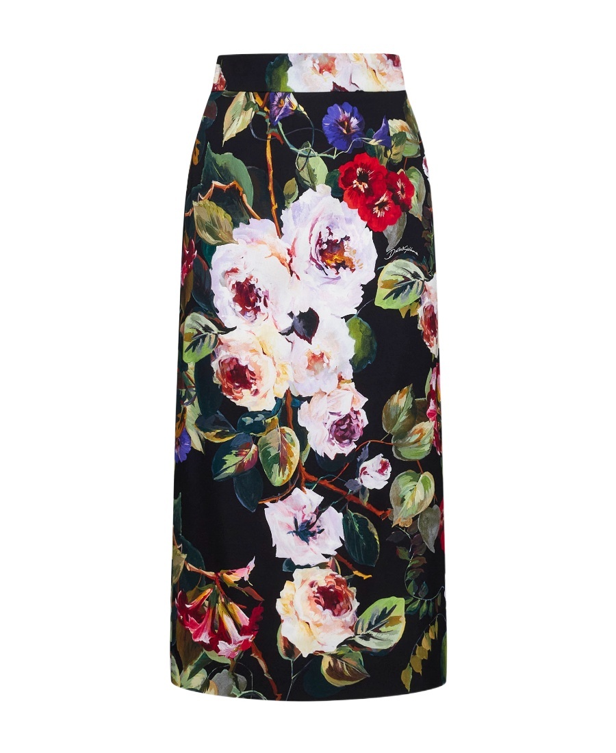 Dolce & Gabbana Silk Blend Charmeuse Printed Midi Skirt In Black