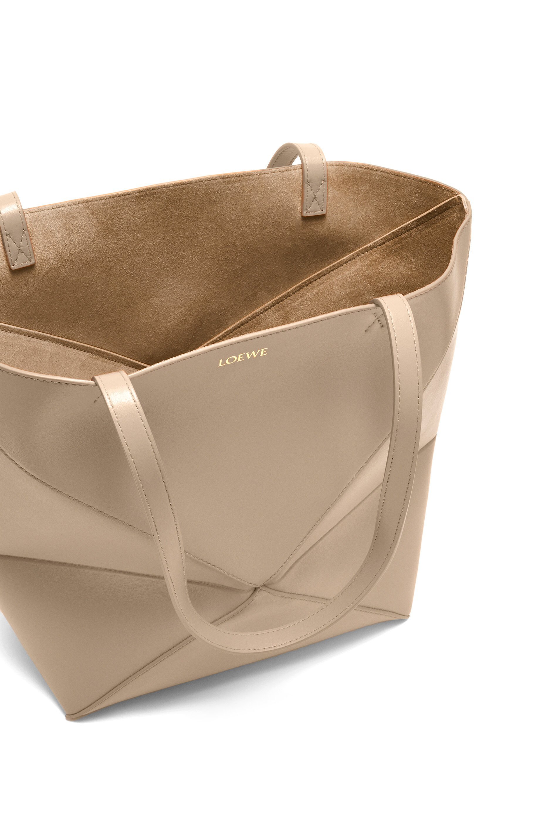 Loewe Puzzle Fold Tote Bag In Polished Calfskin In Nude