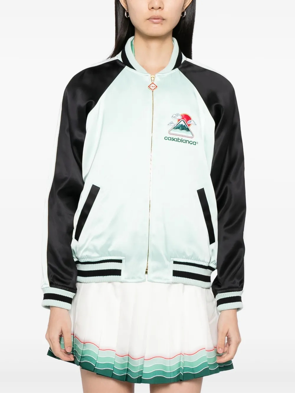 Casablanca Embroidered Bicolor Satin Bomber Jacket In White