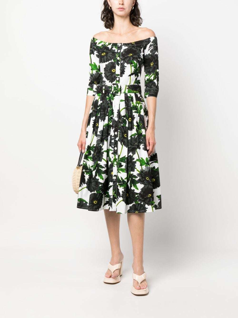 Samantha Sung Audrey Off Shoulder 3/4 Sleeves Long Dress With Anemon Naples All Over Printing In Black