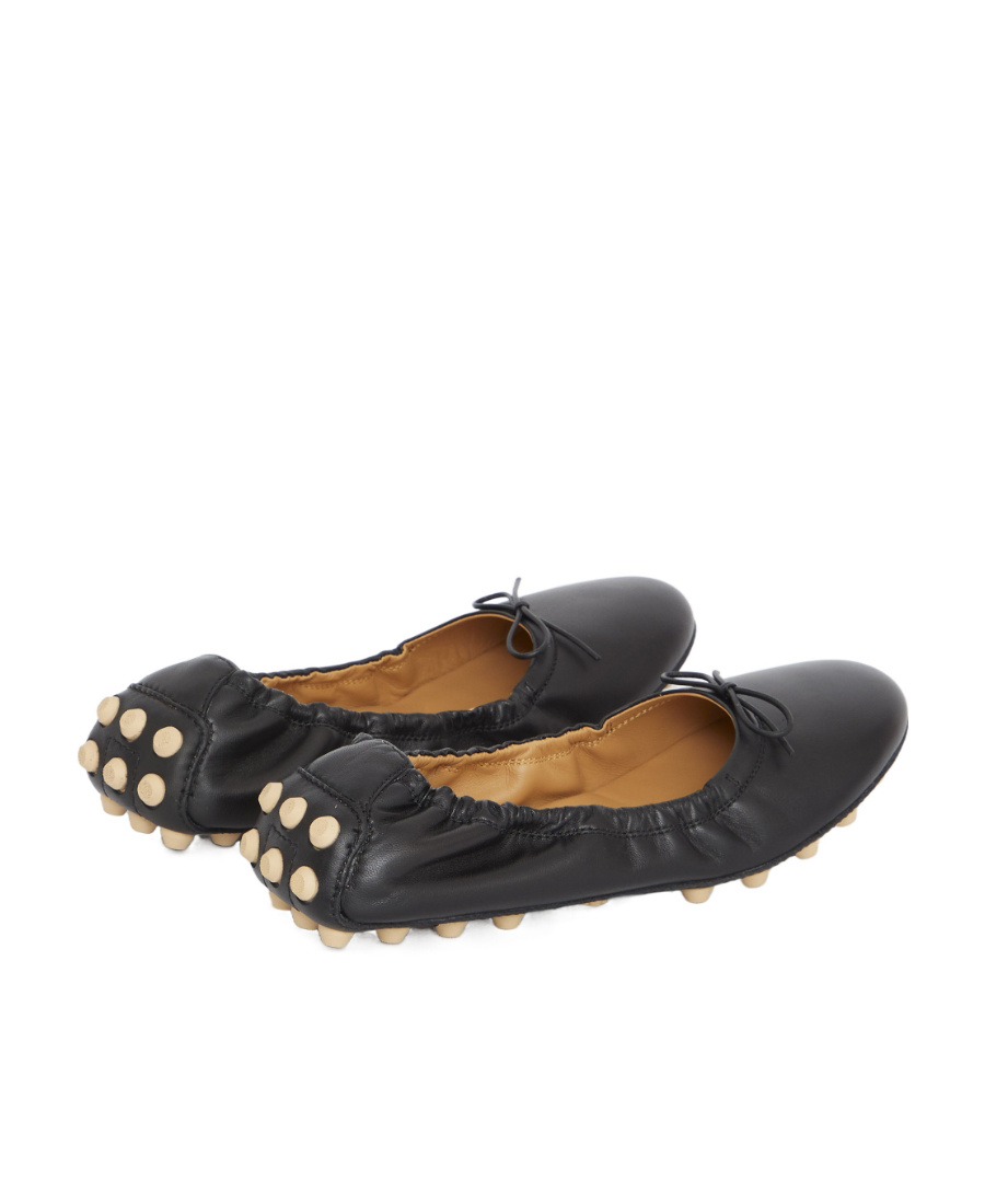 Tod's Black Leather Ballet Flats With Gathered Elasticized Trim In Black