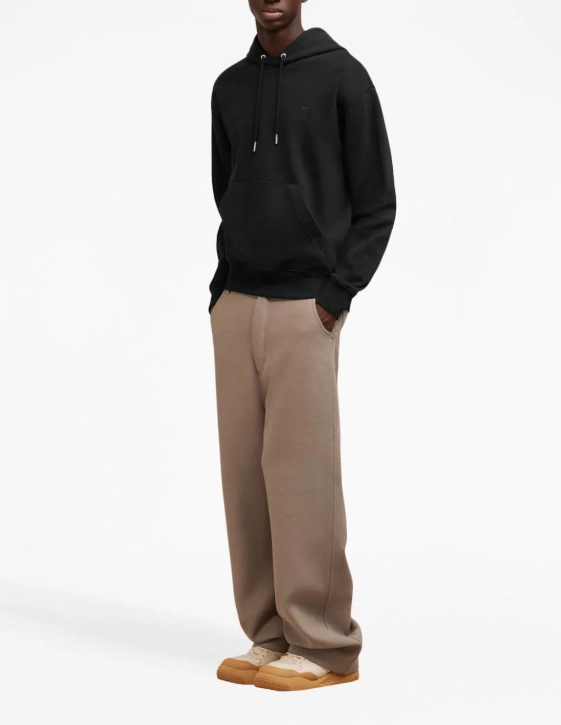 Ami Alexandre Mattiussi Hooded Cotton Sweatshirt With Kangaroo Pocket And Ribbed Finish In Black