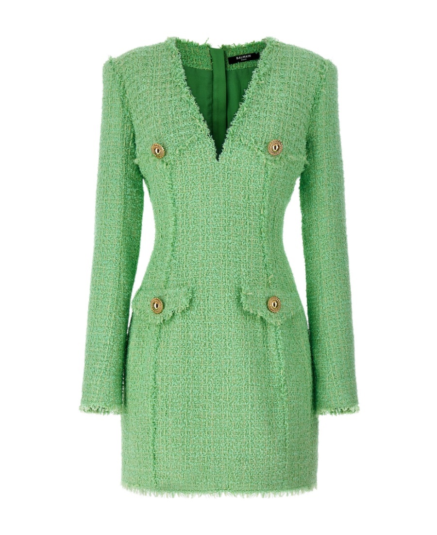 Balmain Green Logo Button Tweed Dress