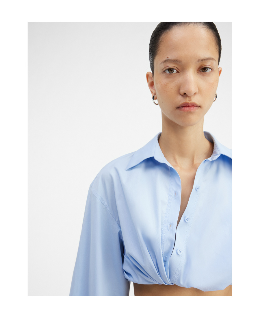 Jacquemus Ruched Tucked In Cropped Long Sleeve Shirt In Blue