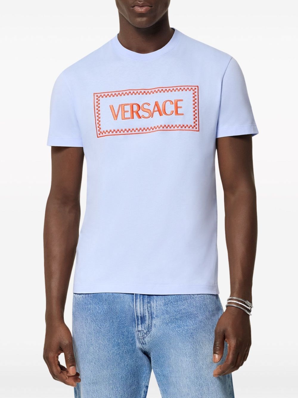 Versace Embroidered Logo T-shirt In Blue