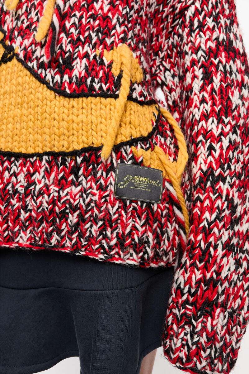 Shop Ganni Red Handknit High Neck Jumper In Multicolor
