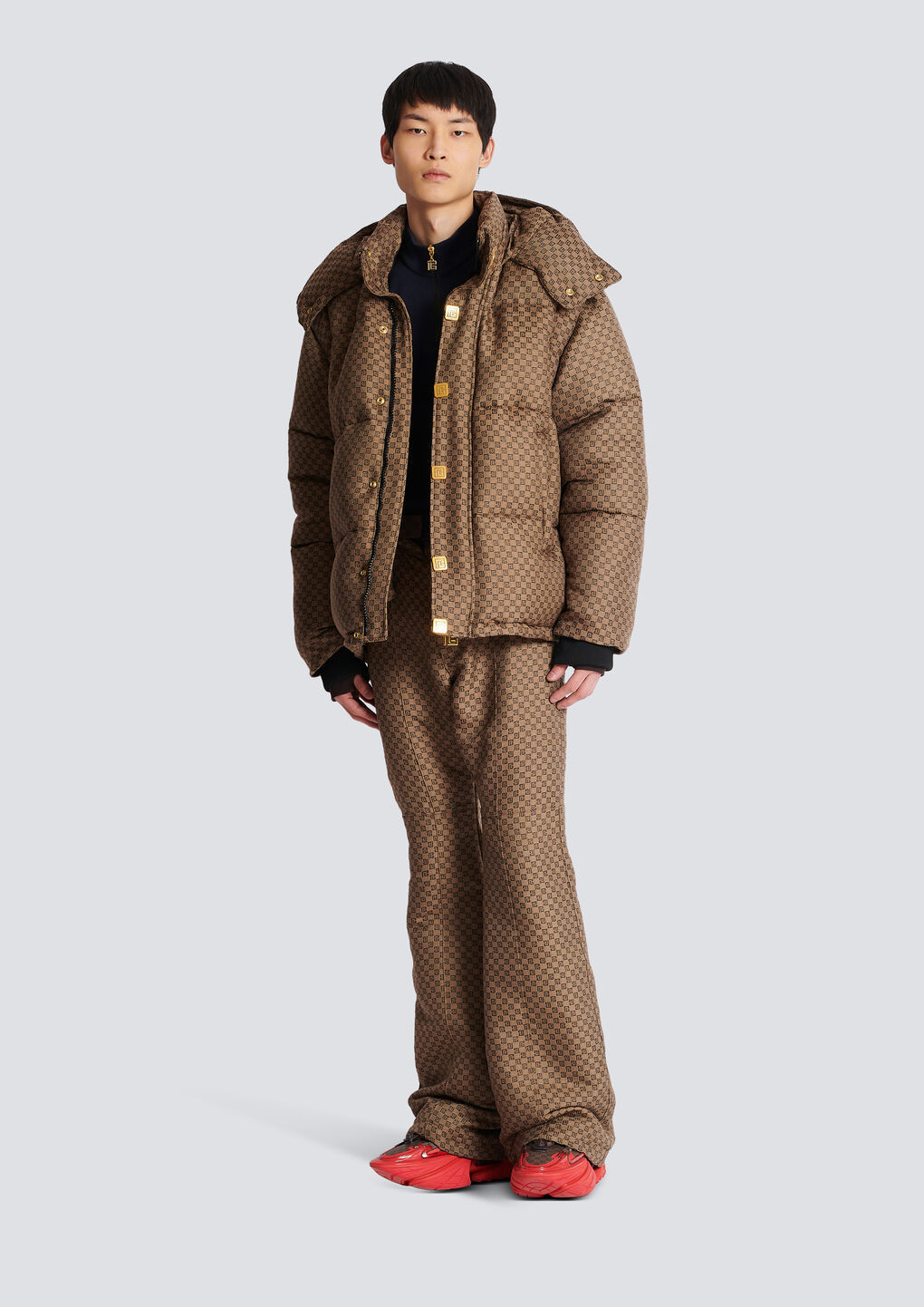 Shop Balmain Mini Monogrammed Down Jacket In Brown