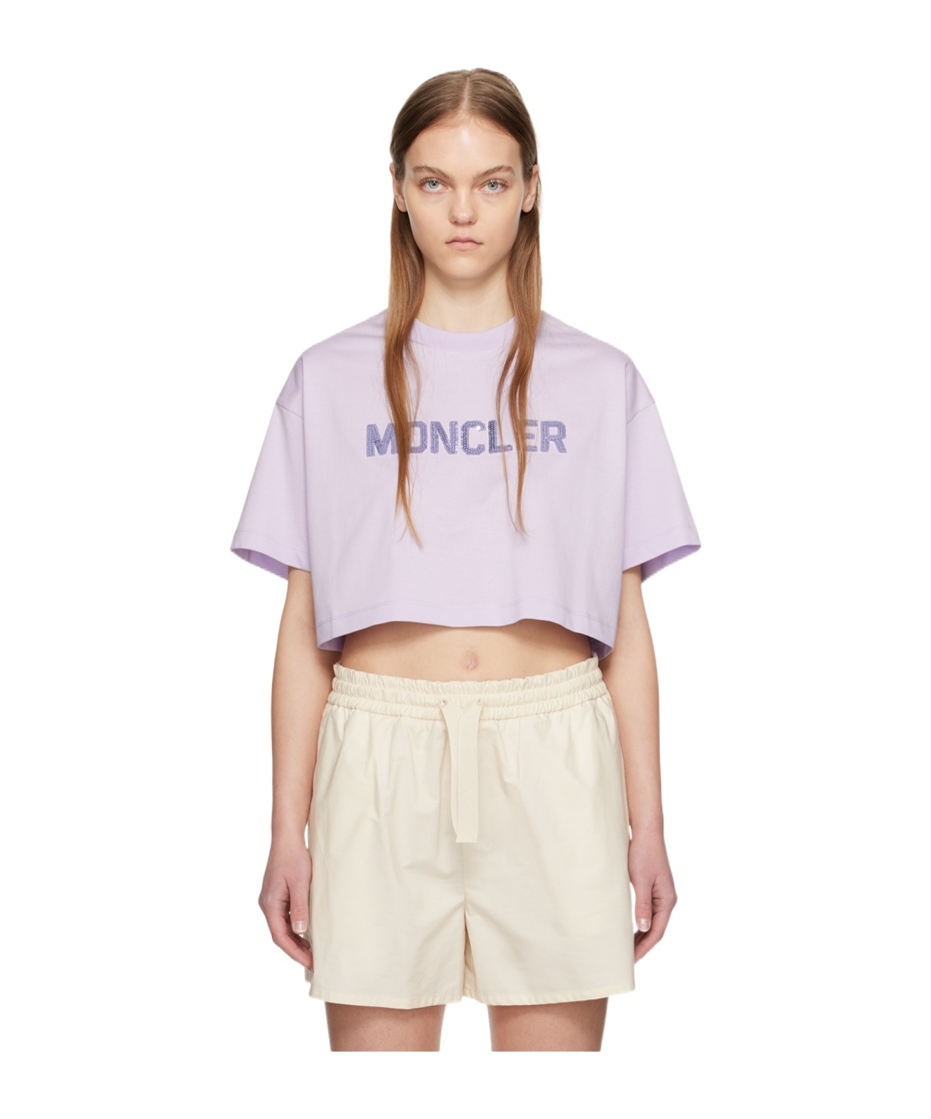 Moncler Sequin-logo Cropped T-shirt In Purple