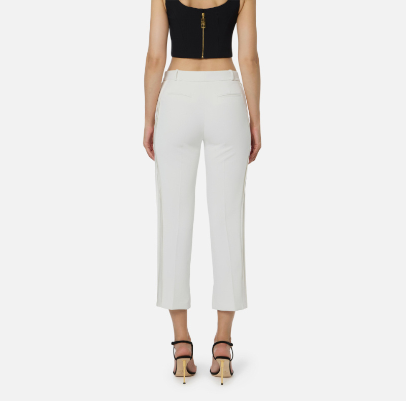 Elisabetta Franchi Trousers In Lightweight Crepe Fabric With Tuxedo Details In White