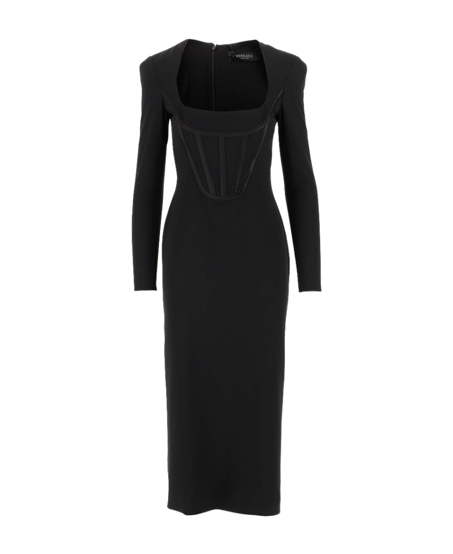 Versace Corset Detail Long Sleeve Jersey Midi Dress In Black
