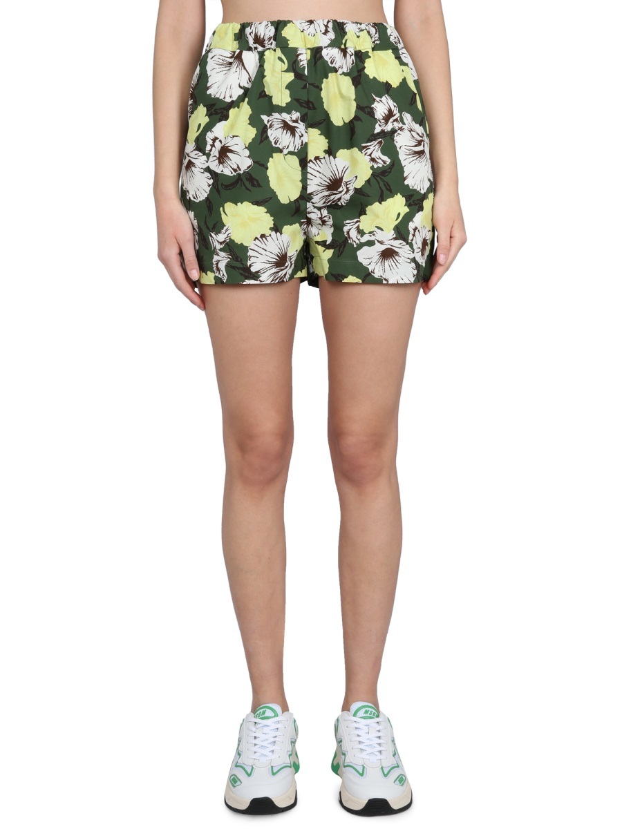 Msgm Cotton High-rise Floral Print Shorts In Green