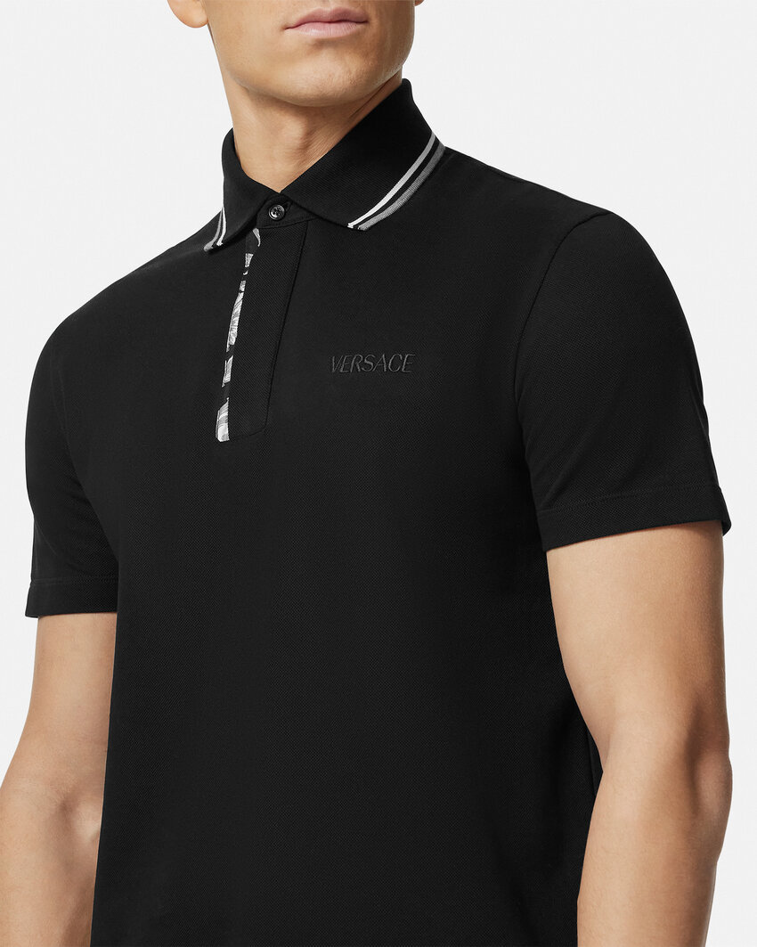 Versace Black Logo-embroidered Polo Shirt In Black