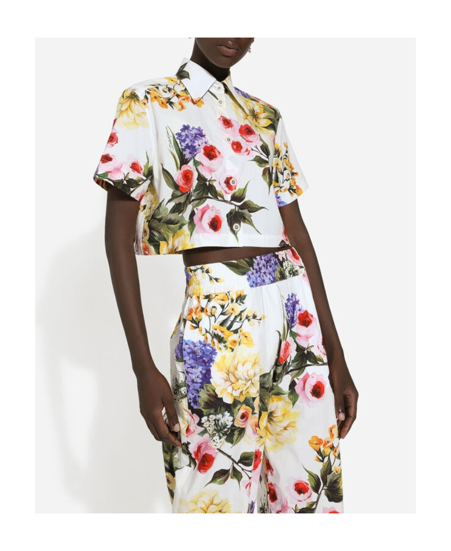 Dolce & Gabbana Floral Cropped Cotton Poplin Shirt In White