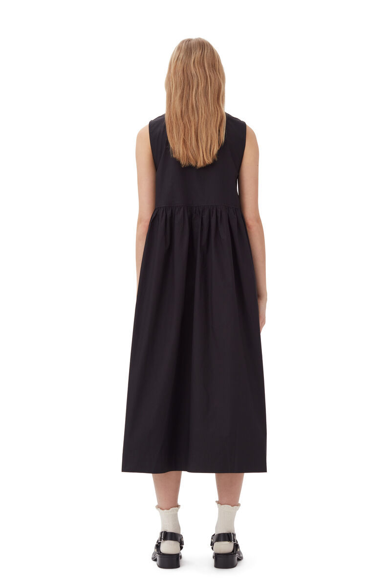 Ganni Tie String Poplin Dress In Black