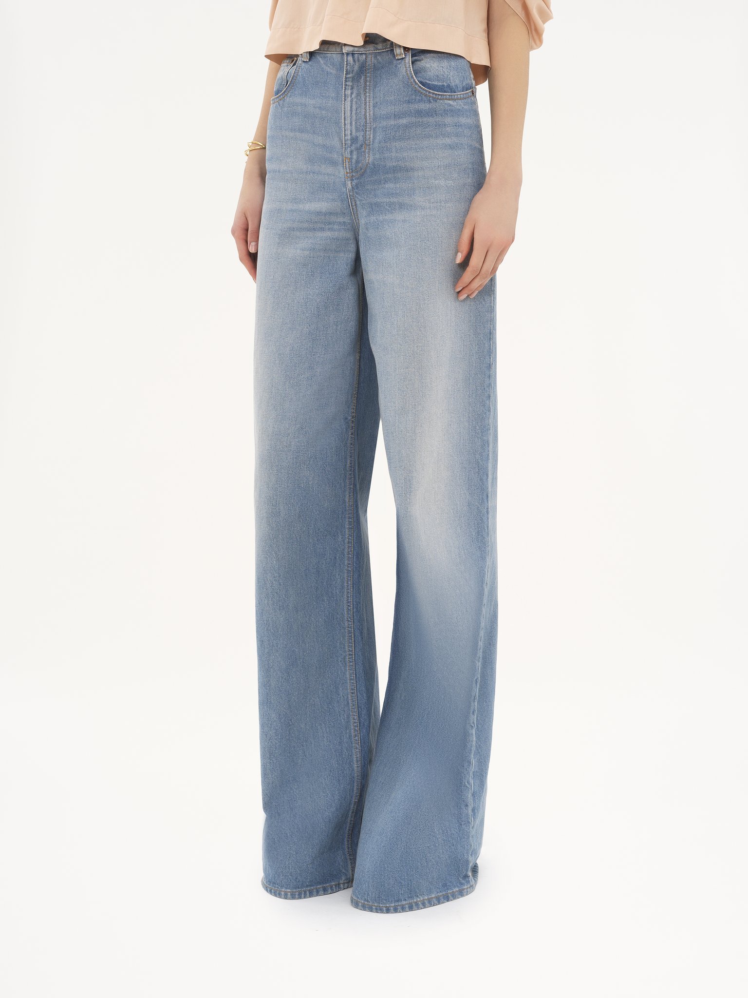 Chloé Paneled Rigid High-rise Wide-leg Jeans In Ice-blue