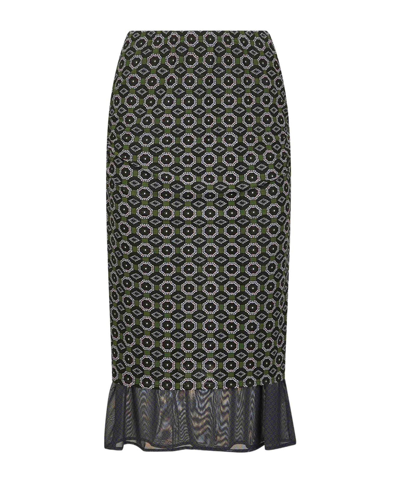 Dries Van Noten Women Green Printed Mesh Layered Midi Skirt In Black