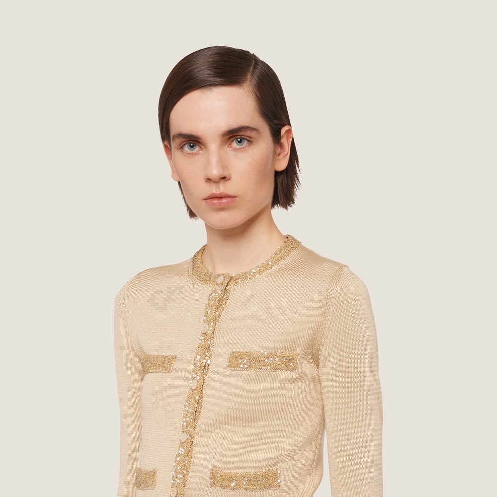 Miu Miu Sequined Silk Cropped Cardigan In Nude