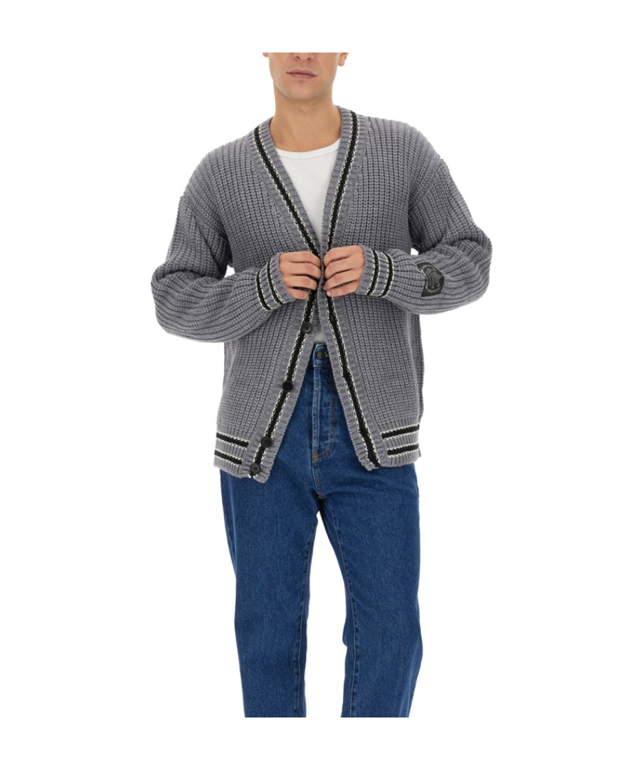 Msgm Striped-trim Buttoned Cardigan In Gray