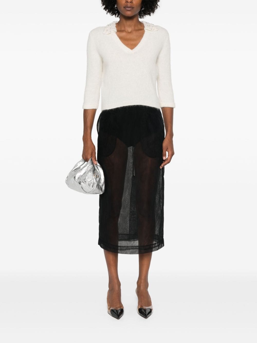 Liu •jo Pearl Neck Knitted Sweater In White