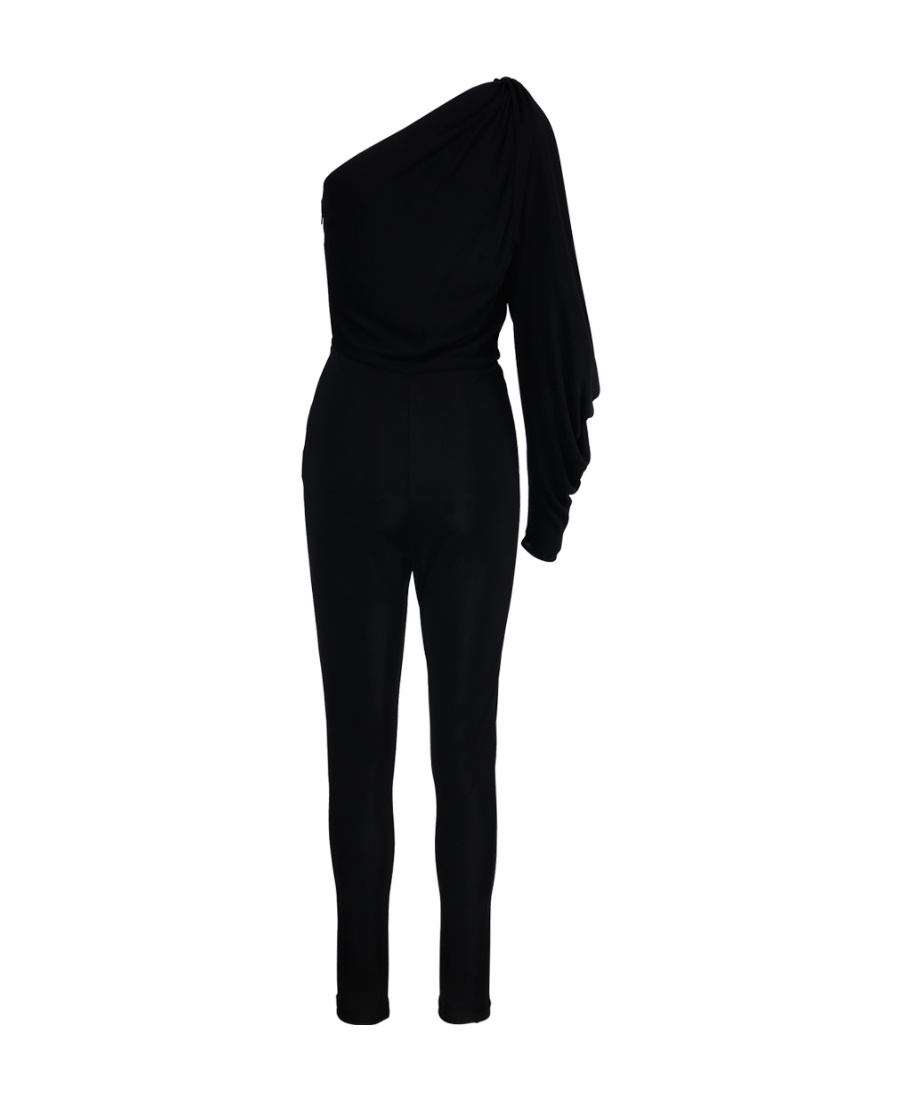 Saint Laurent Black One-shoulder Jumpsuit With Side Gathering In Jersey Woman In Black