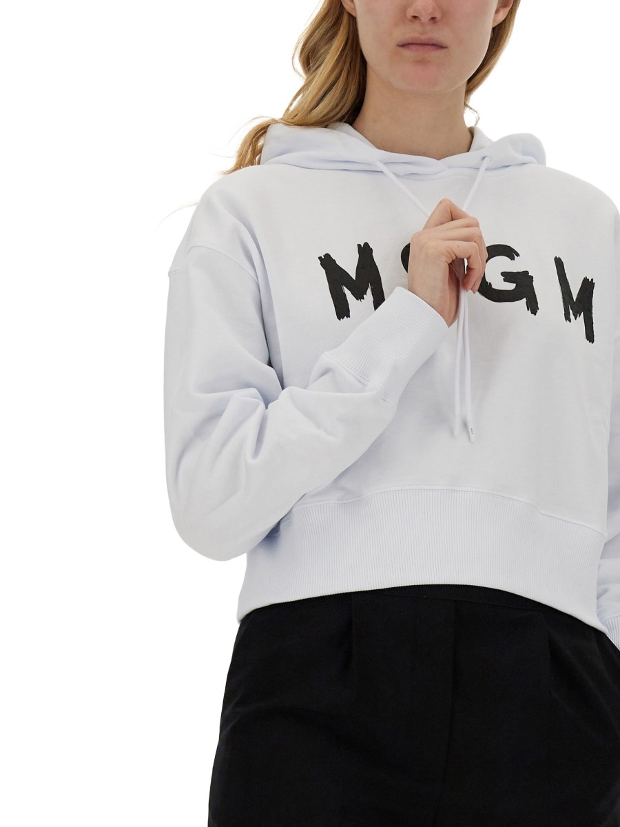 Msgm Logo Hooded Sweatshirt Ribbed Cuffs In White