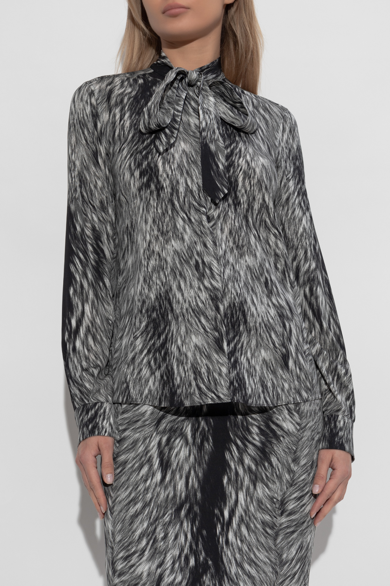 Dolce & Gabbana Fur-print Charmeuse Shirt With Pussy-bow In Gray