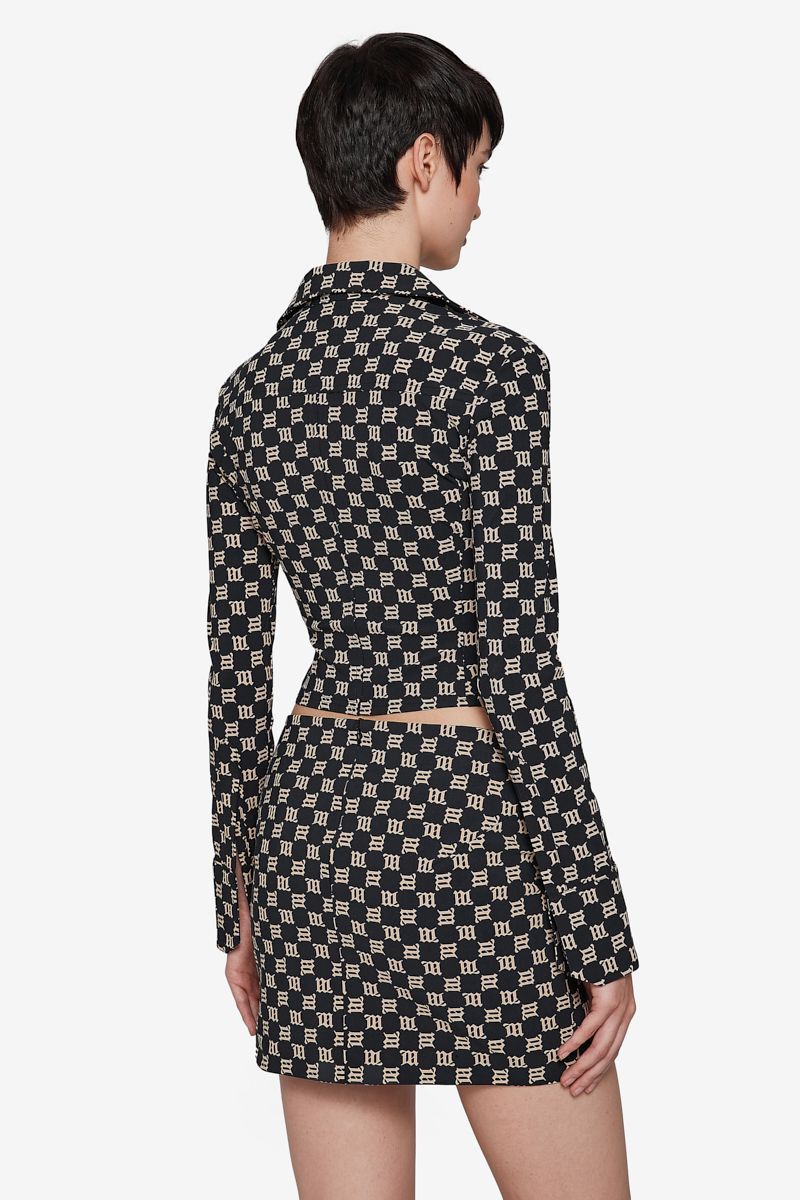 Misbhv Monogram Wide Collar Zip Up Shirt In Black