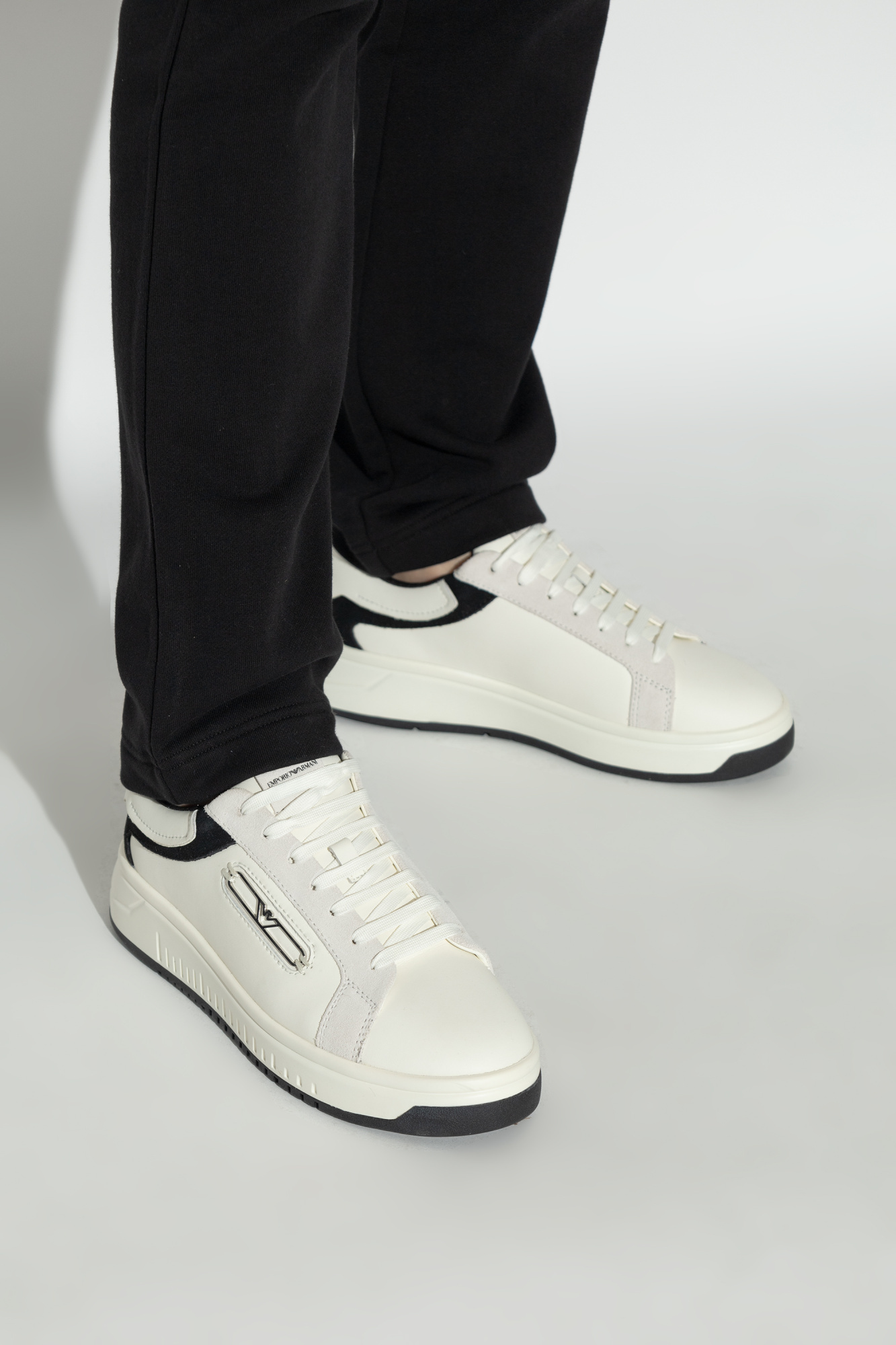 Emporio Armani Leather Sneakers With Eagle Plate In White