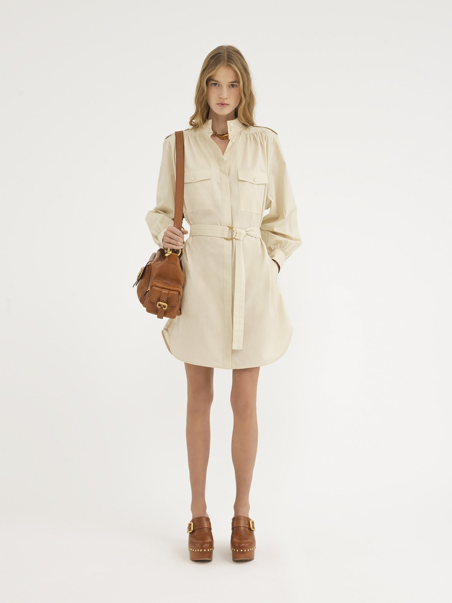 Chloé Utilitarian Shirt Dress In Light Cotton Poplin Brown Size 10 100% Cotton, Pinctada Maxima, Farmed, C In White
