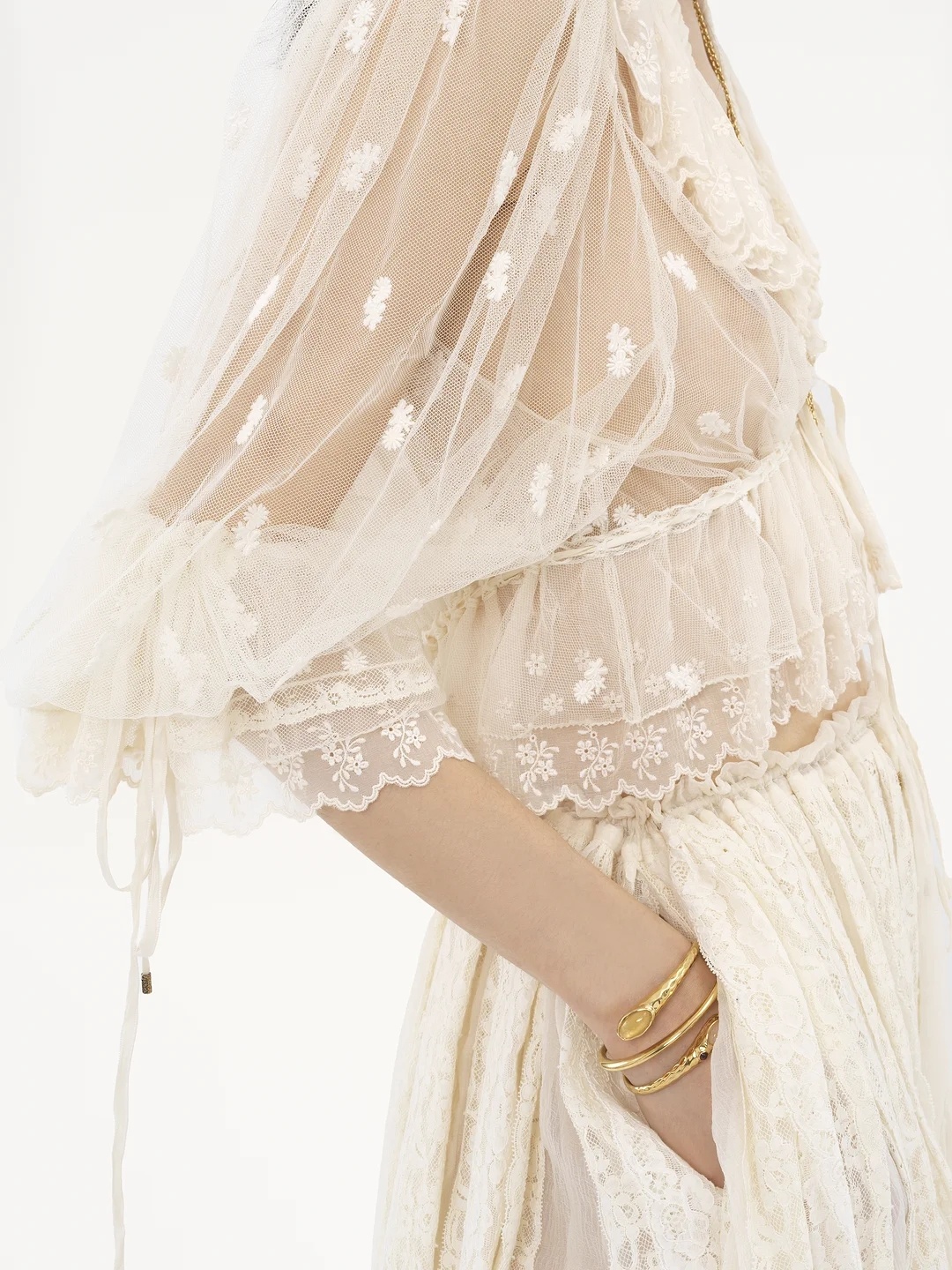 Chloé V-neck Ruffle Top In Embroidered Lace In Whispering White