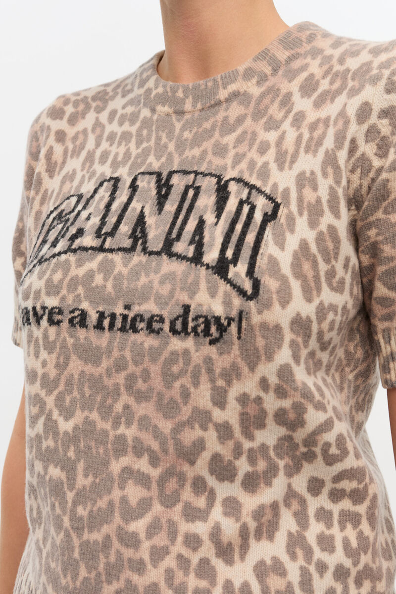 Ganni Leopard Print Wool Mix T-shirt