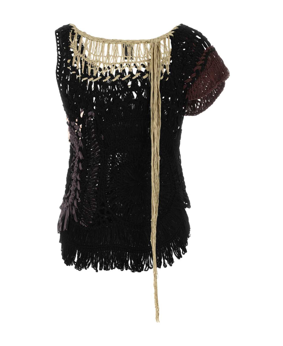 Dries Van Noten Fringed Crochet Knit Top In Black