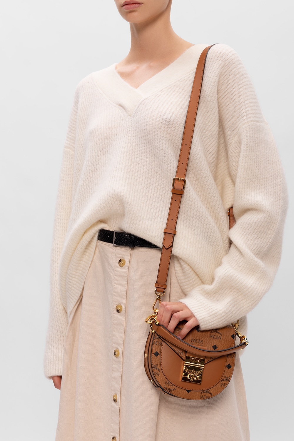 Mcm Printed Logo Handbag In Brown