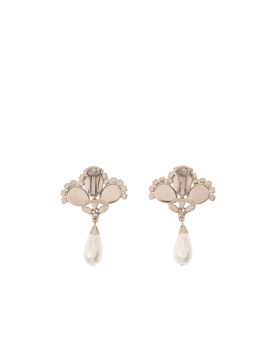 Alessandra Rich Silver-colored Clip-on Crystal Earrings With Pendant Pearl In Hypoallergenic Brass Woman In Yellow