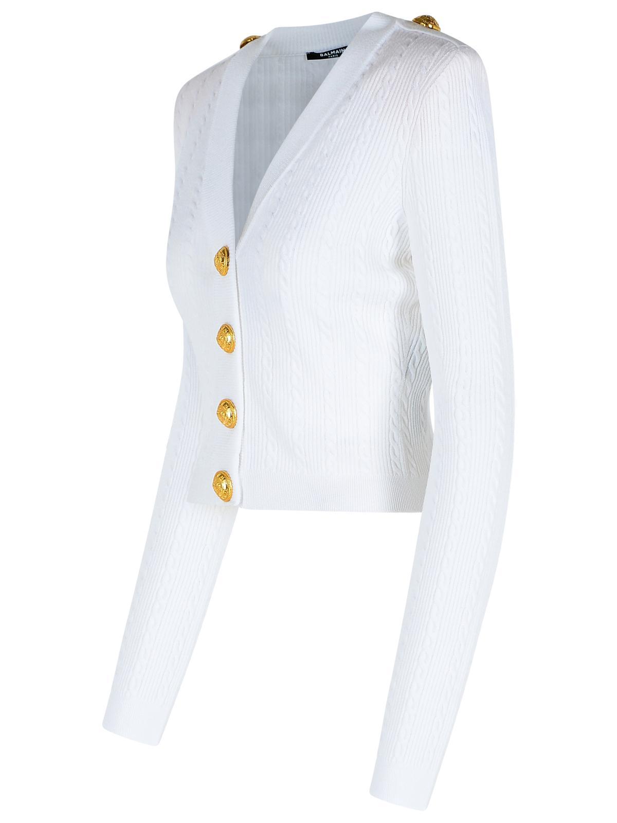 Balmain V-neck Cable Knit Cardigan With Gold-tone Buttons In White