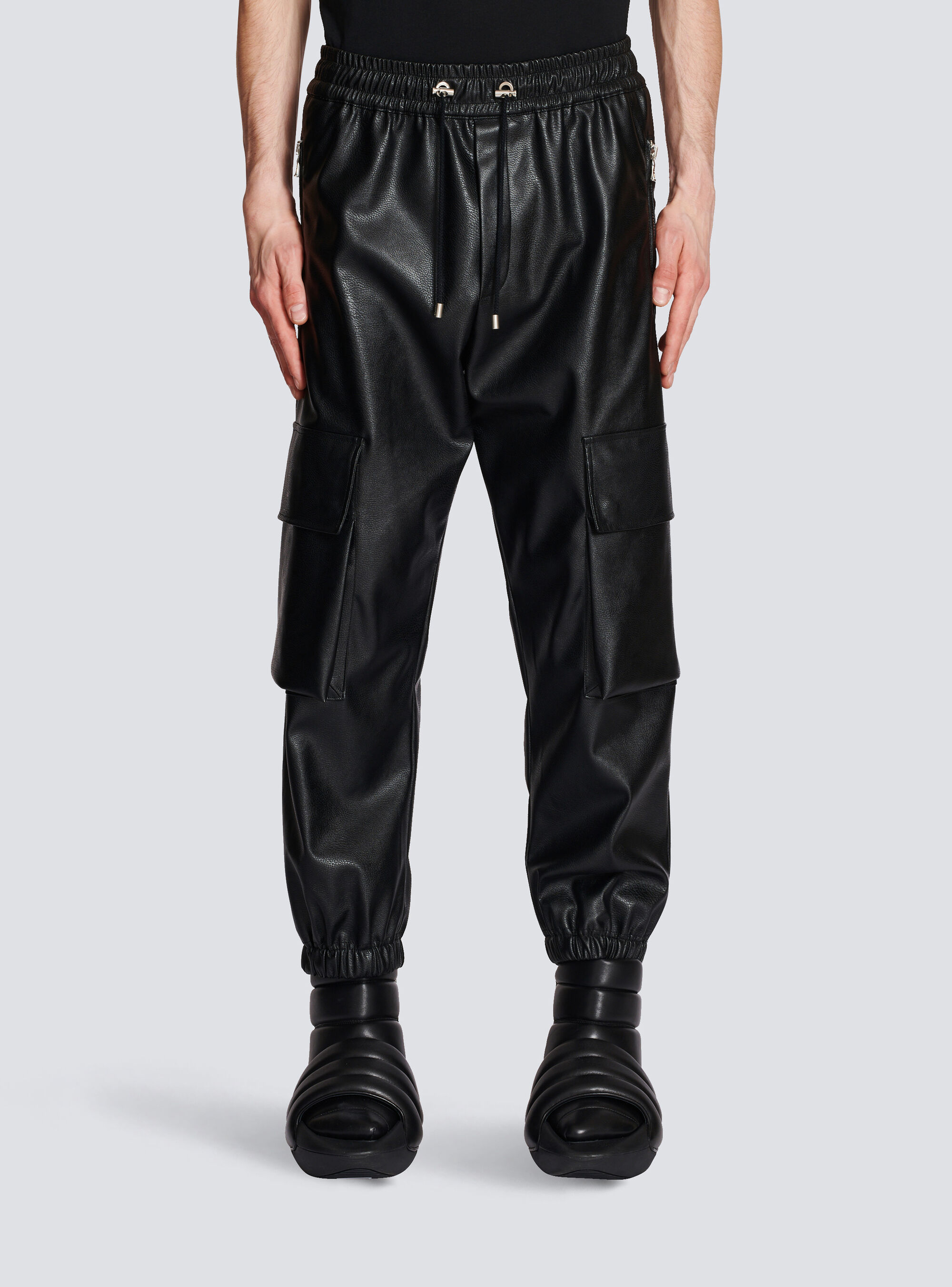 Balmain Vegan Leather Cargo Trousers In Black