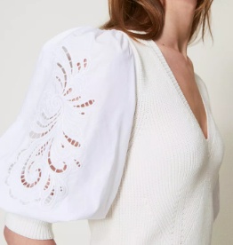 Twinset Puff-sleeve Broderie-anglaise Jumper In Neutral