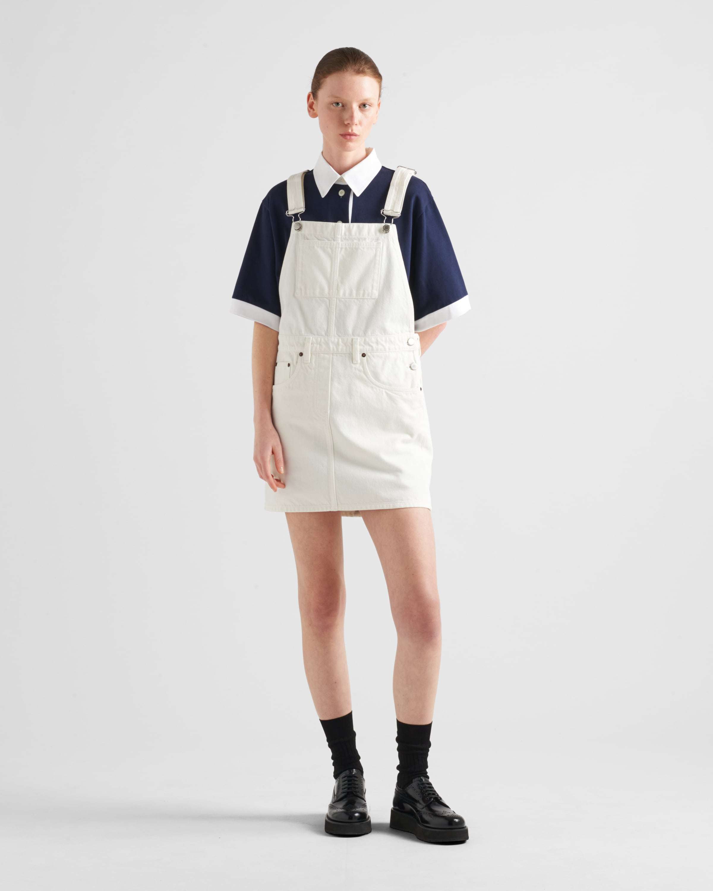Prada Denim Dungarees Dress Adjustable Straps In White