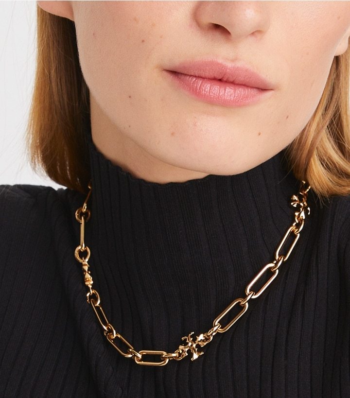 Tory Burch Logo-plaque Chain-link Necklace In Yellow