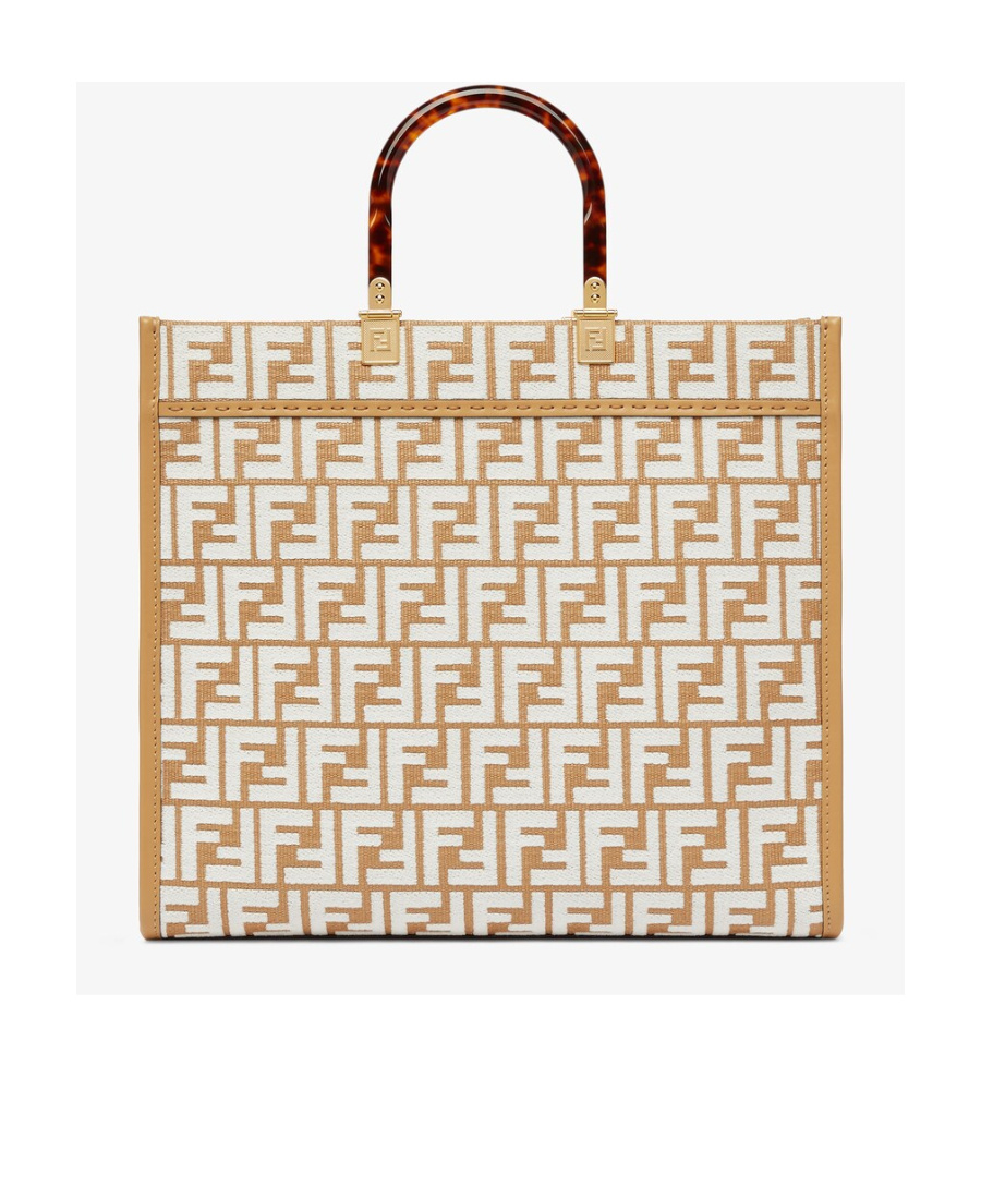 Fendi Raffia Shopper Bag With White Tapestry Fabric Ff Motif In Nude
