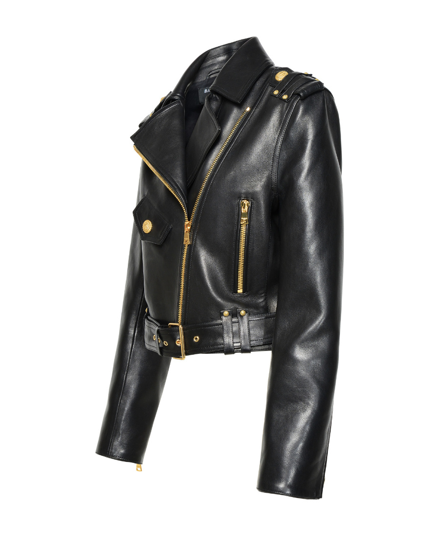 Balmain Cropped Leather Biker Jacket In Black