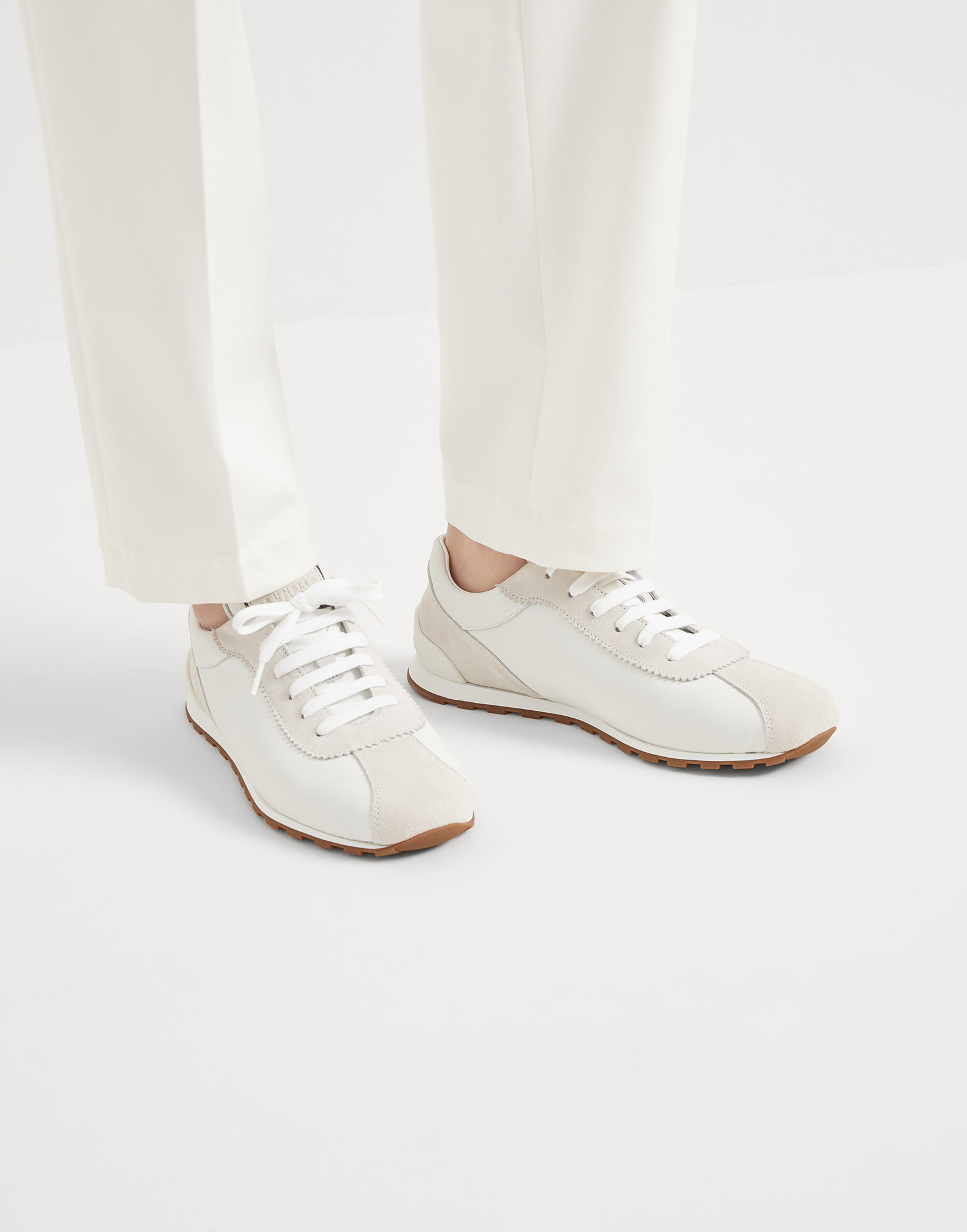 Brunello Cucinelli Embellished Suede-trimmed Stretch-knit Sneakers In White